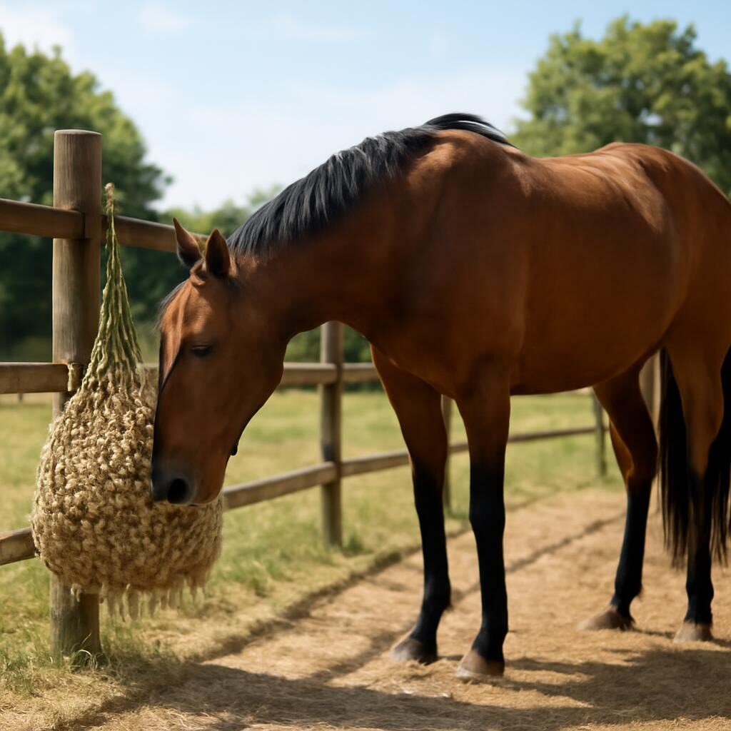 Cheval mangeant au filet à foin slow feeder