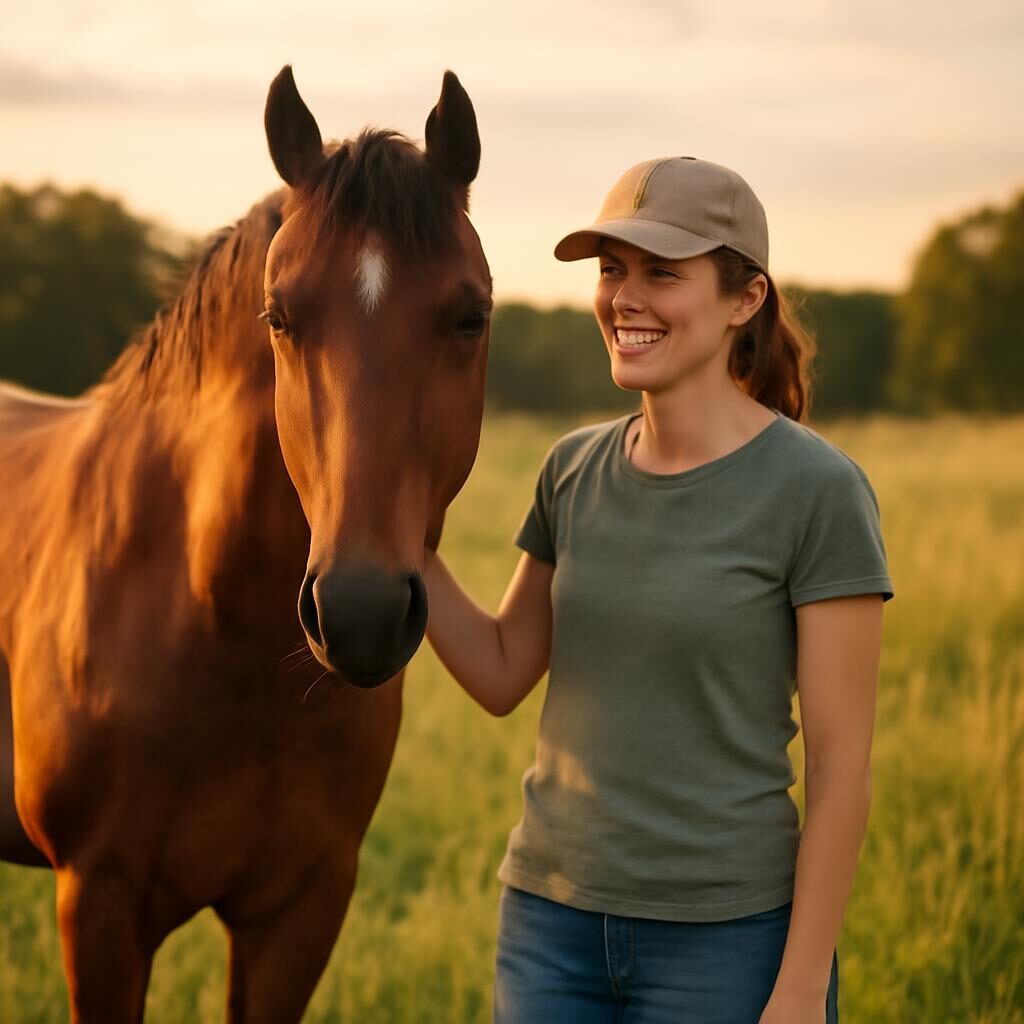 Cheval détendu en confiance avec sa cavalière
