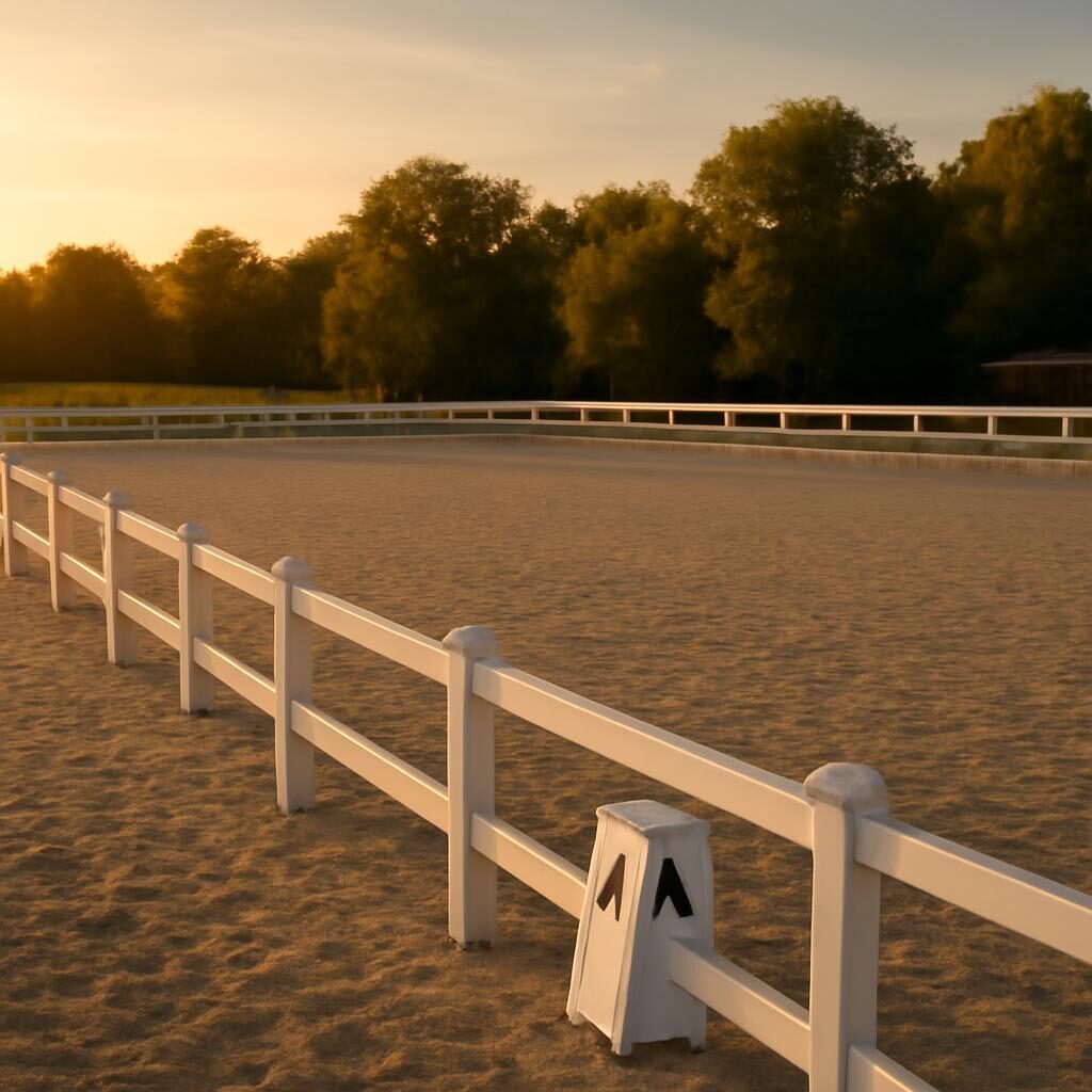 Carrière de dressage avec lettres au coucher de soleil