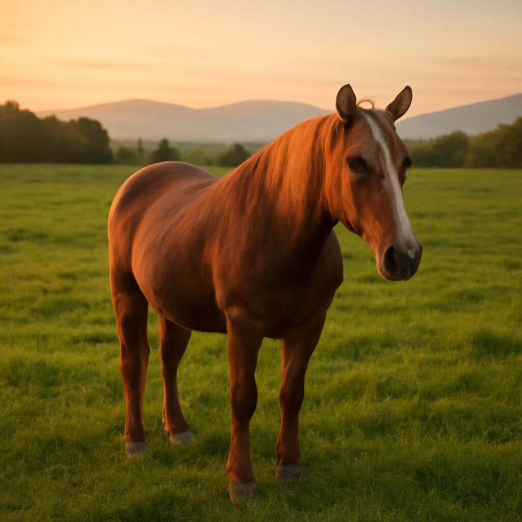 Cheval senior dans une prairie au coucher de soleil