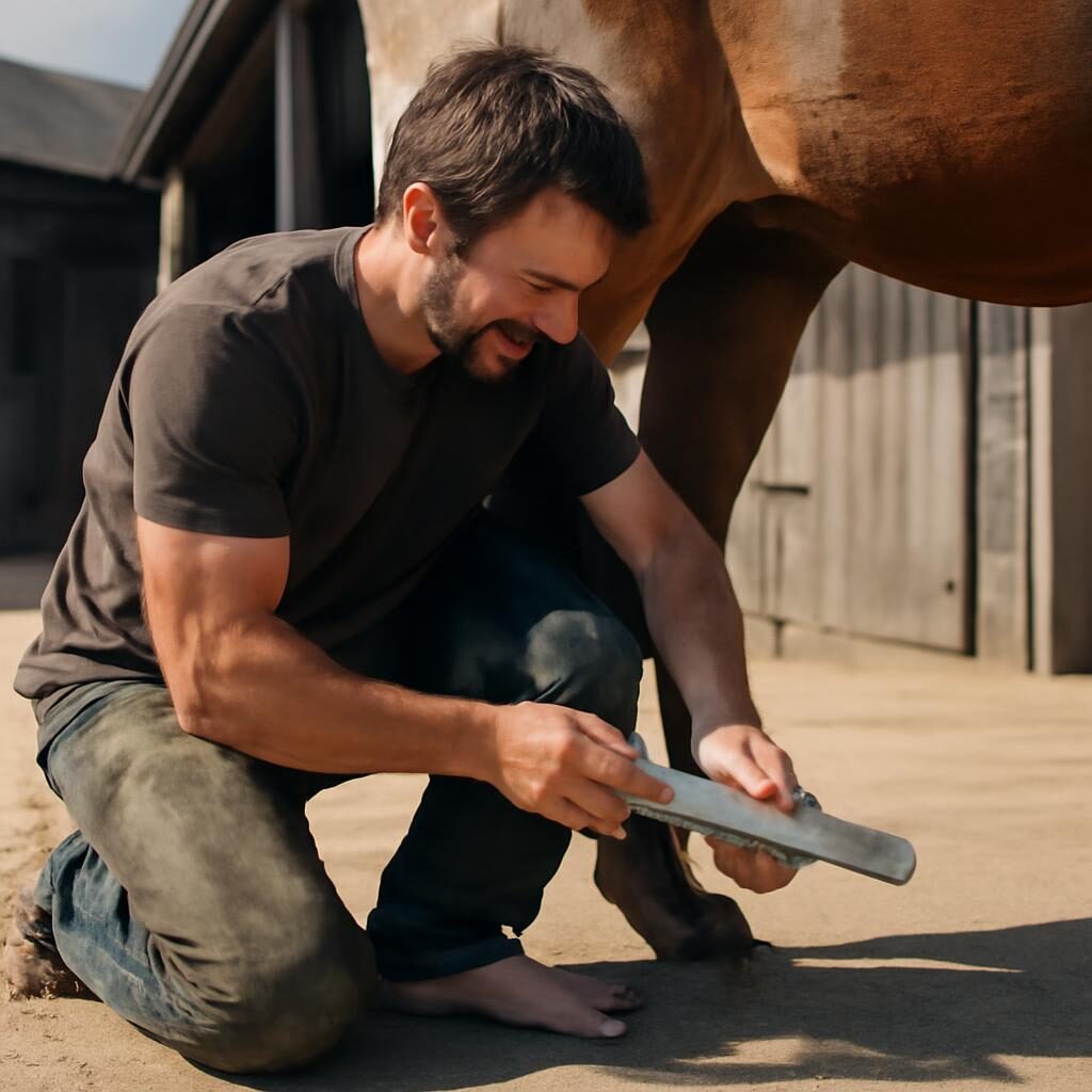 Pareur professionnel travaillant un pied de cheval à la râpe