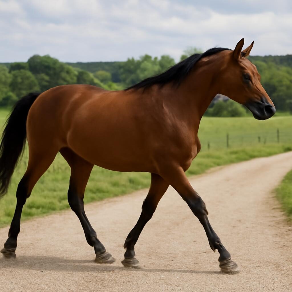 Cheval pieds nus marchant sur un chemin caillouteux