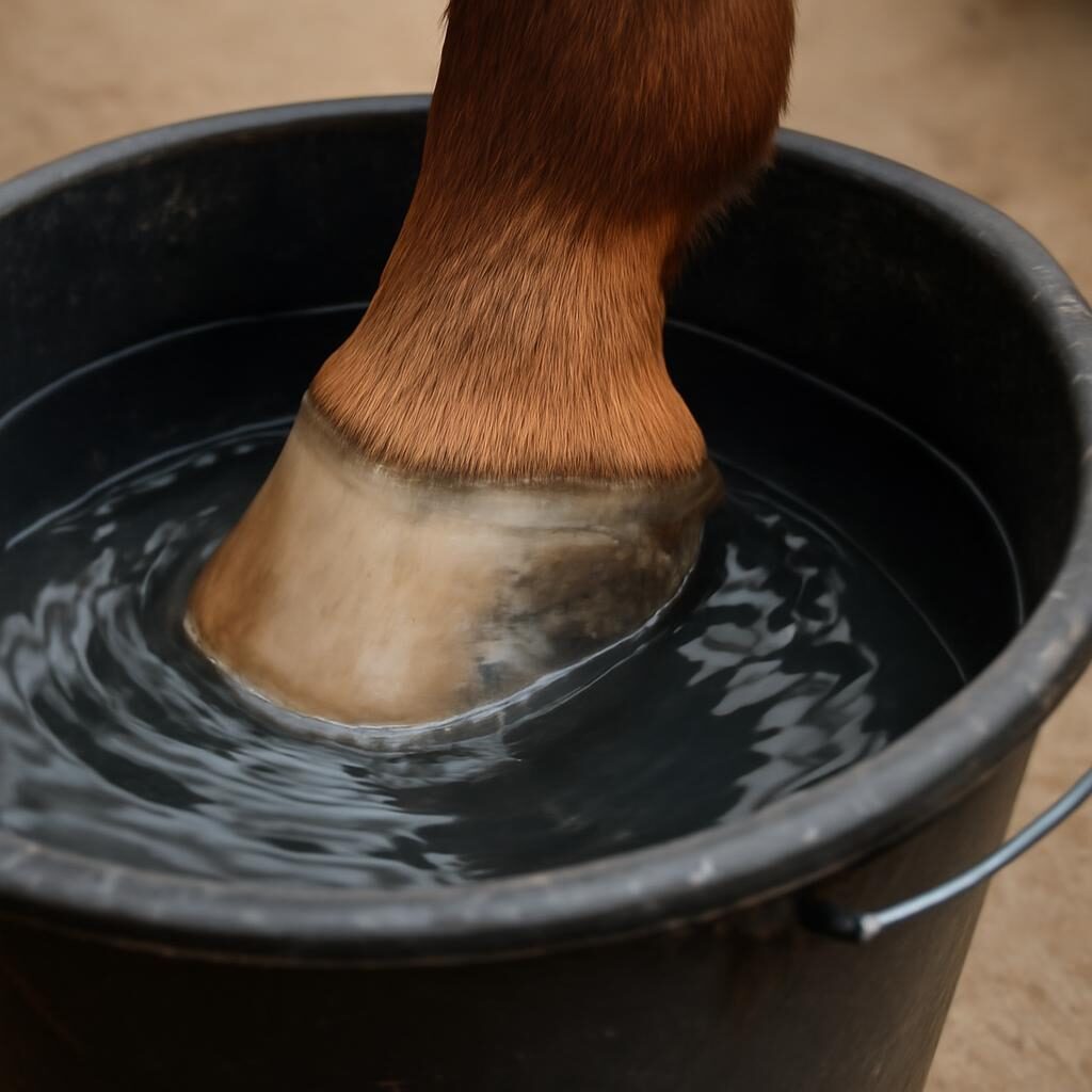 Pied de cheval trempé dans un seau, soin de l'abcès