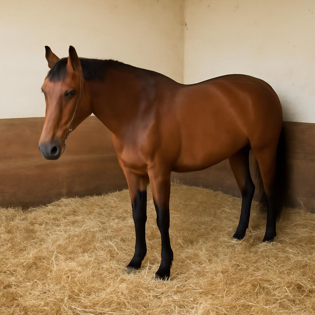 Cheval au repos sur litière propre après soin de l'abcès