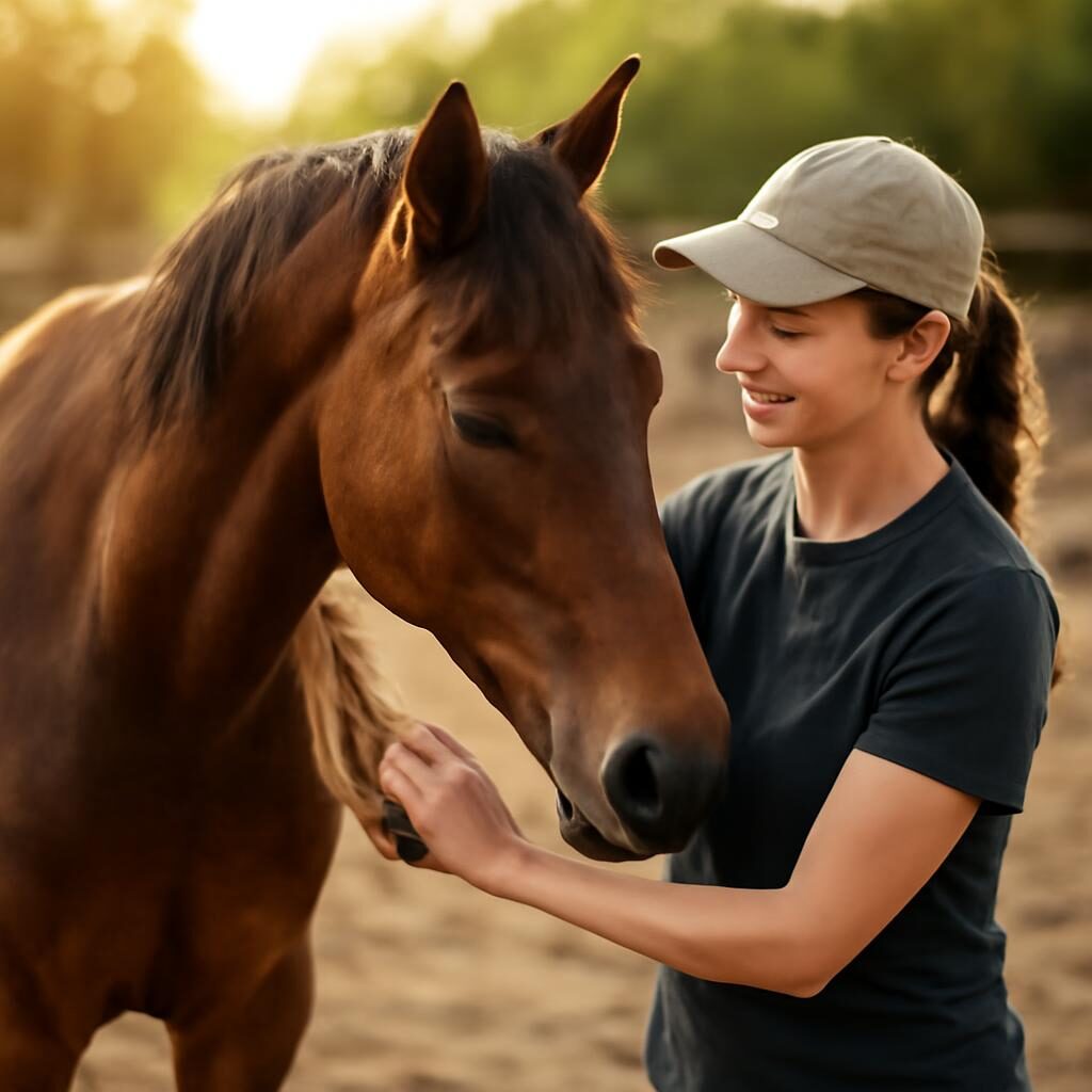 Bénévole soignant un cheval rescapé dans un refuge