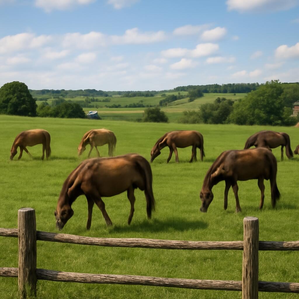 Chevaux au pré en troupeau dans une prairie française