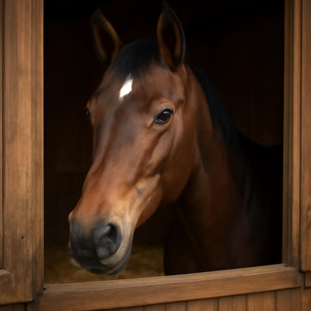 Cheval en box regardant par la fenêtre, paille au sol