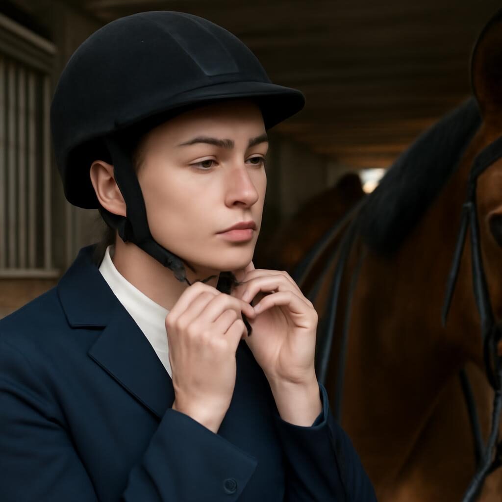 Cavalière ajustant la jugulaire de son casque avant de monter à cheval