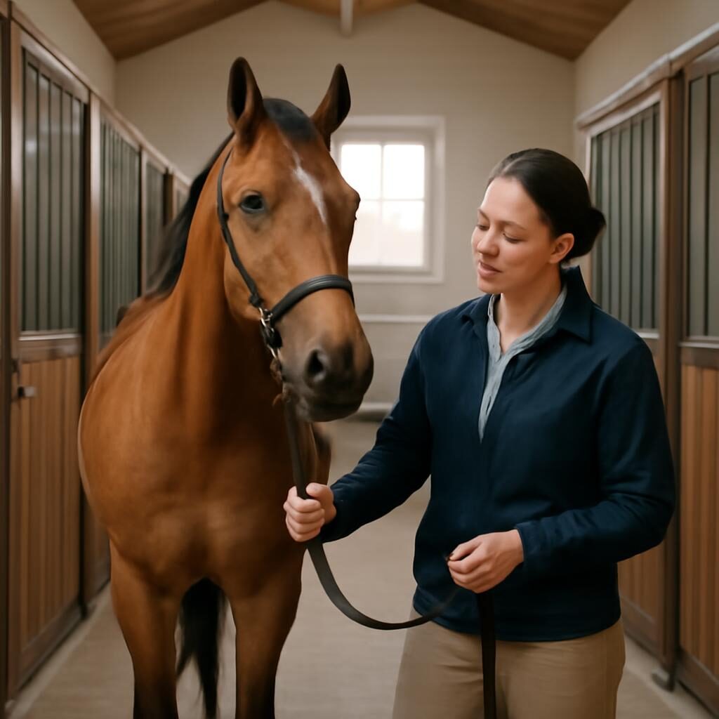 Cheval calme après examen vétérinaire pour coliques équines