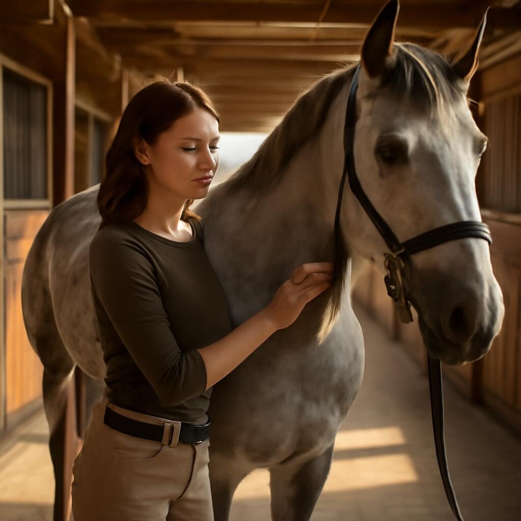Demi-pension cheval : pansage d'un cheval gris à l'écurie