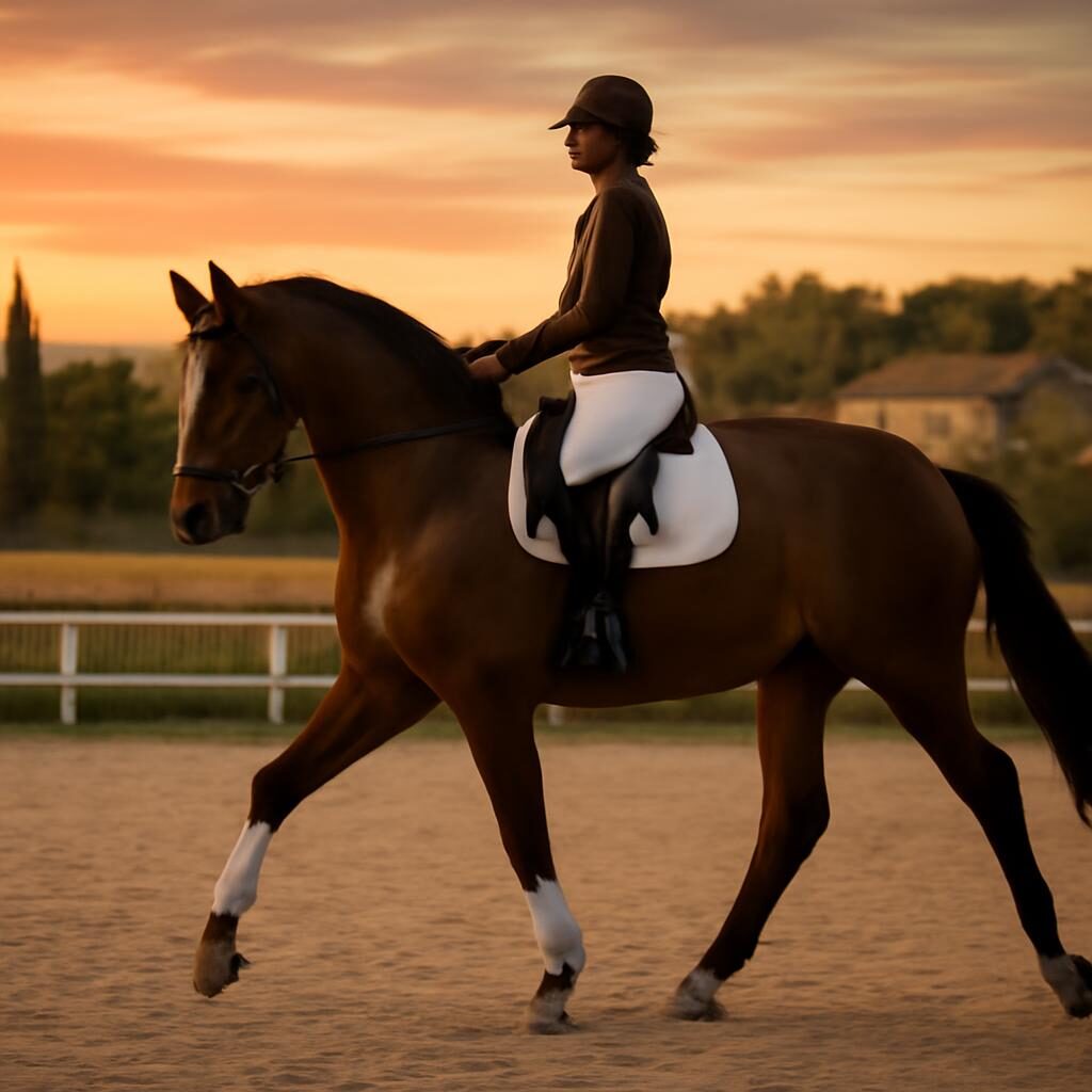 Cavalière à cheval en manège extérieur en demi-pension