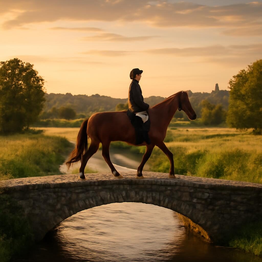 Cavalier traversant un pont de pierre en randonnée