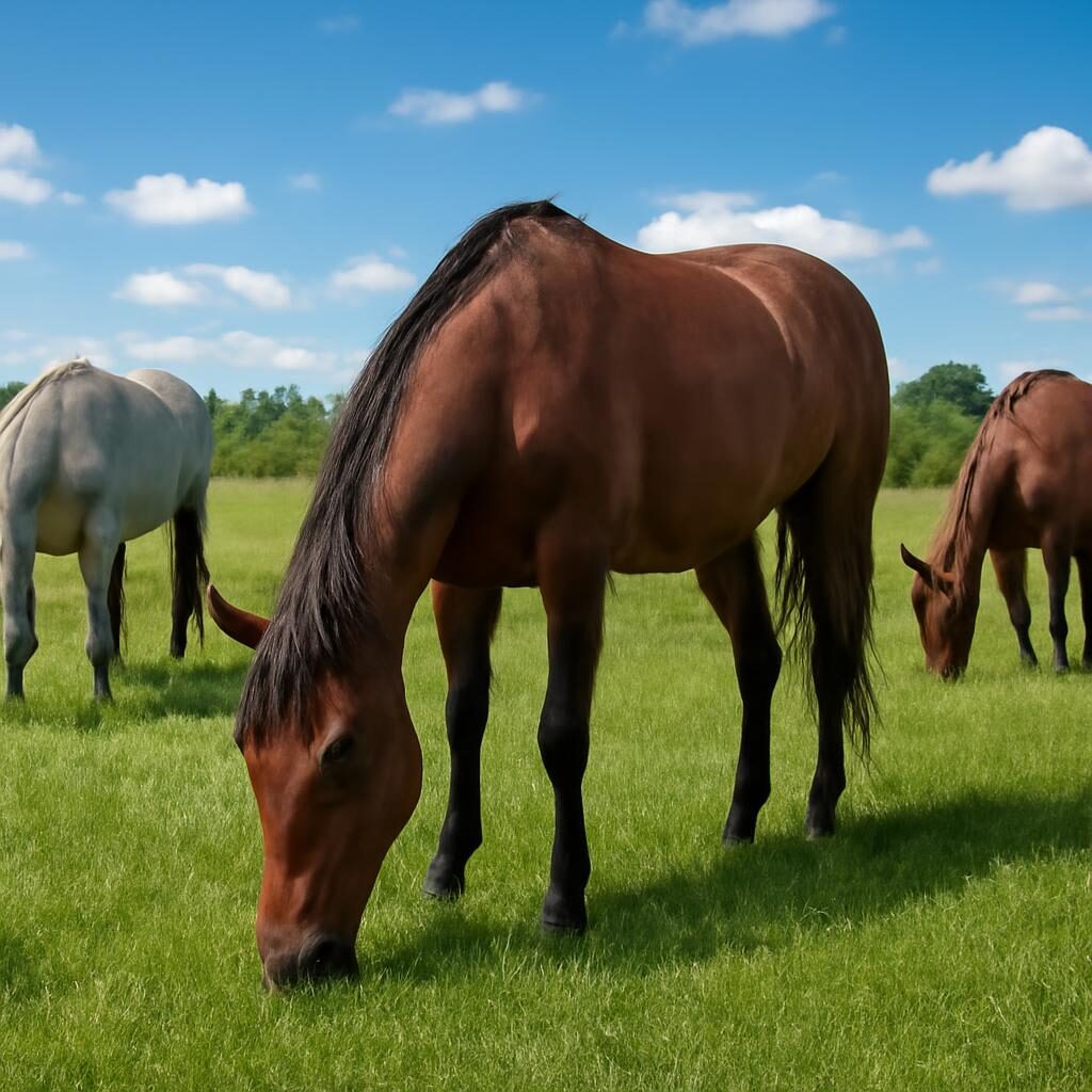 Chevaux au pré en groupe, environnement préventif des tics