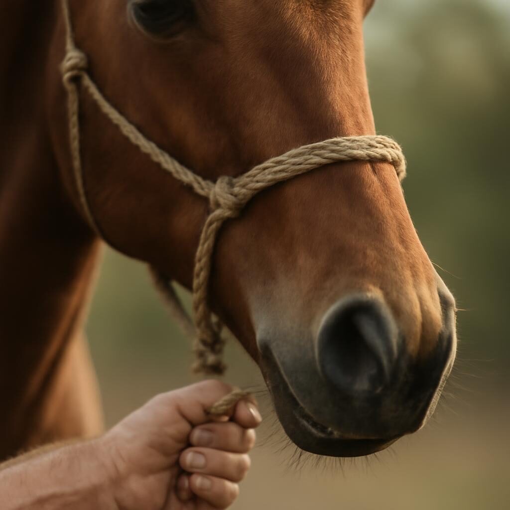 Main tenant un licol corde lors d'une séance de travail à pied du cheval